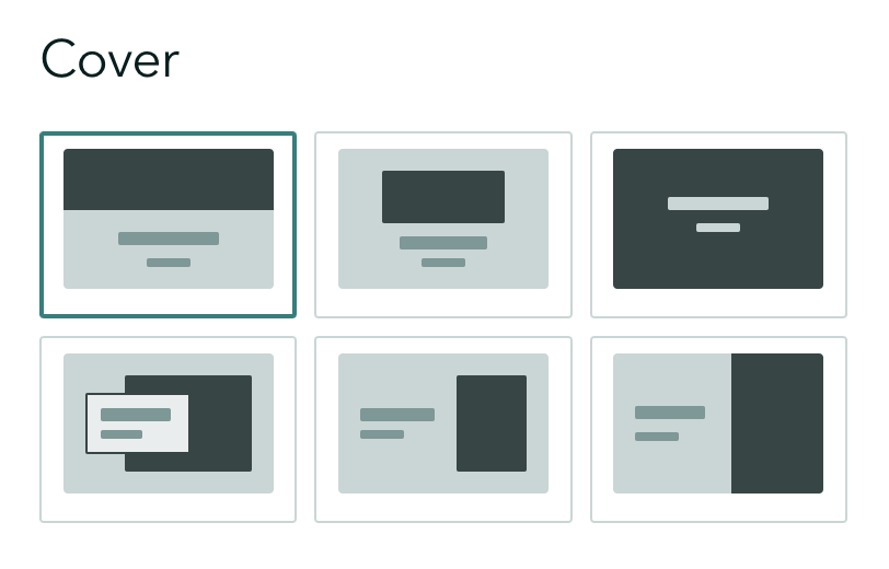 A screenshot of the six story cover layouts in ArcGIS StoryMaps as they appear in the design panel. From left to right, by row: Minimal, Top, Full, Card, Split, and Side-by-side